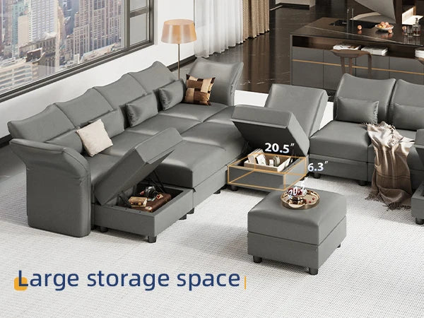 Grey Modular Sectional 10 Seat U Shaped Couch with Storage, Faux Leather Waterproof