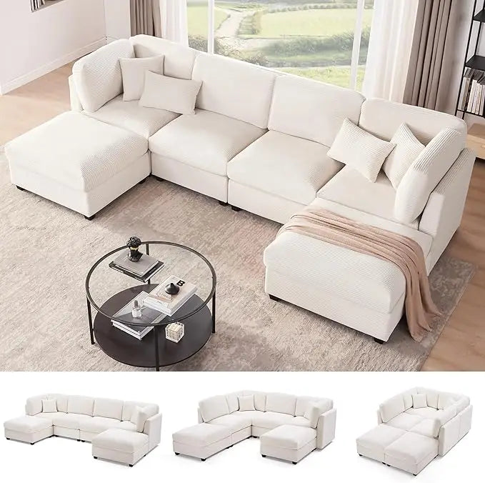 Corduroy sectional, convertible, U-shaped modular sofa w/ storage, 6 seats