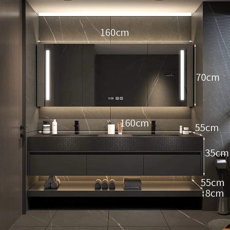 Modern Black Slate Intergrated Seamless Washbasin with Sink, vanity with drawers