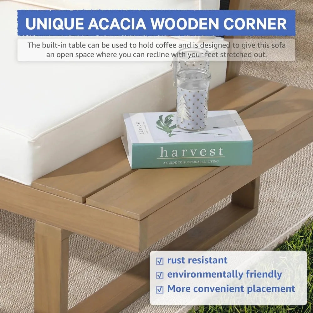 4 Piece Acacia Wood L-Shaped Sectional Sofa Set with side table, Cushions,