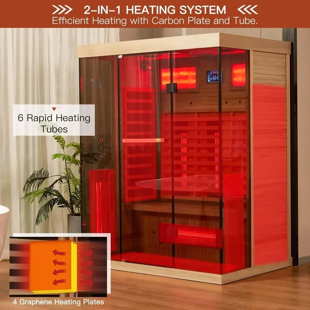 Indoor Home Sauna 2-3person Spa Room with Rapid Heating,Panoramic Tempered Glass & Oxygen Bar. Far Infared