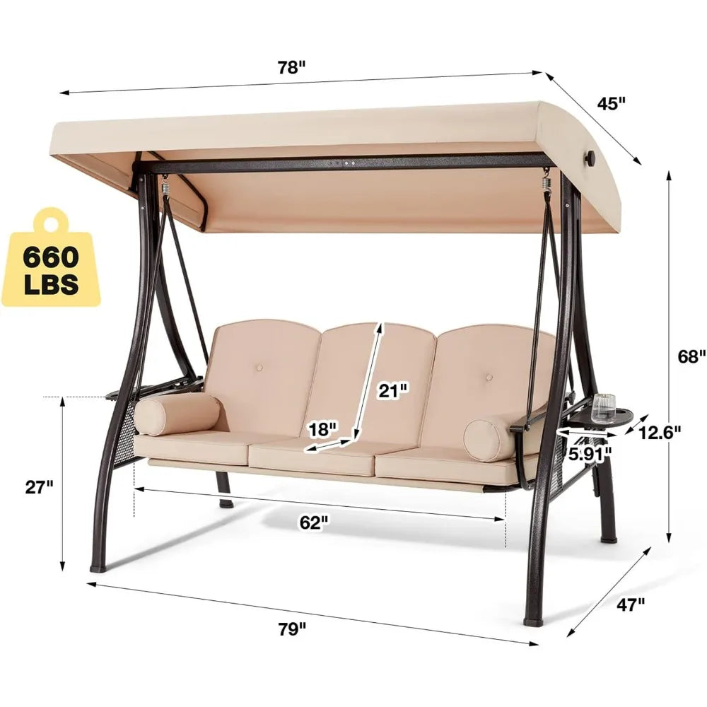 3-Seat Swing with Canopy and Backrest, steel frame