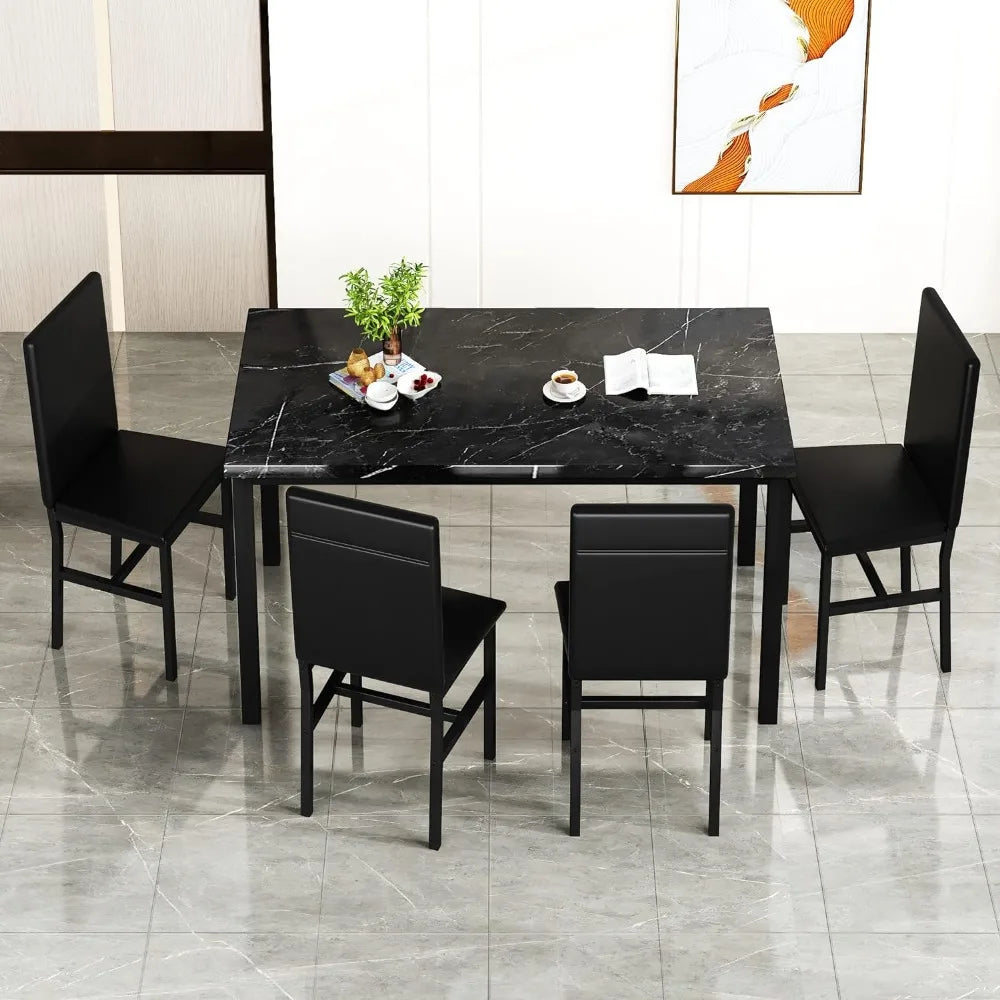 Black Faux Marble Table and Chairs, 5 pieces