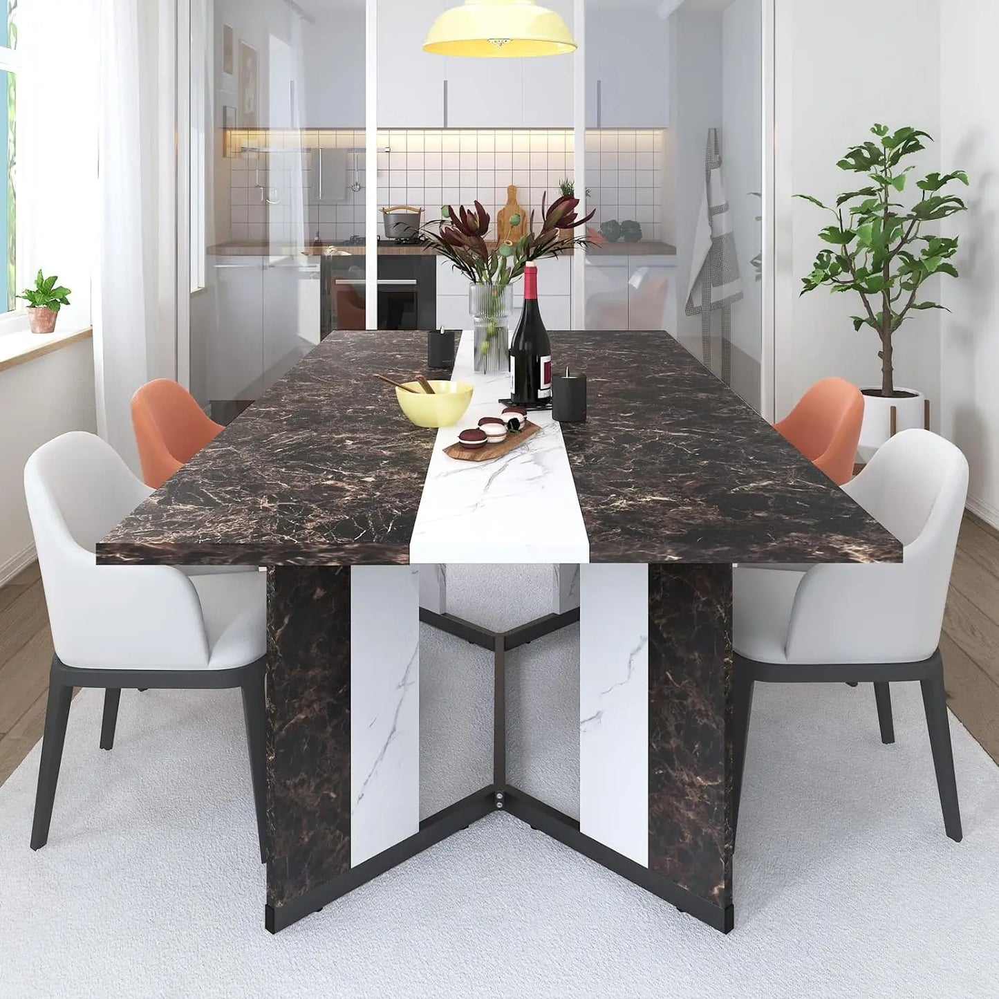 White Table Large for 8 People w Rectangular Marble-Color Wood Waterproof Tabletop