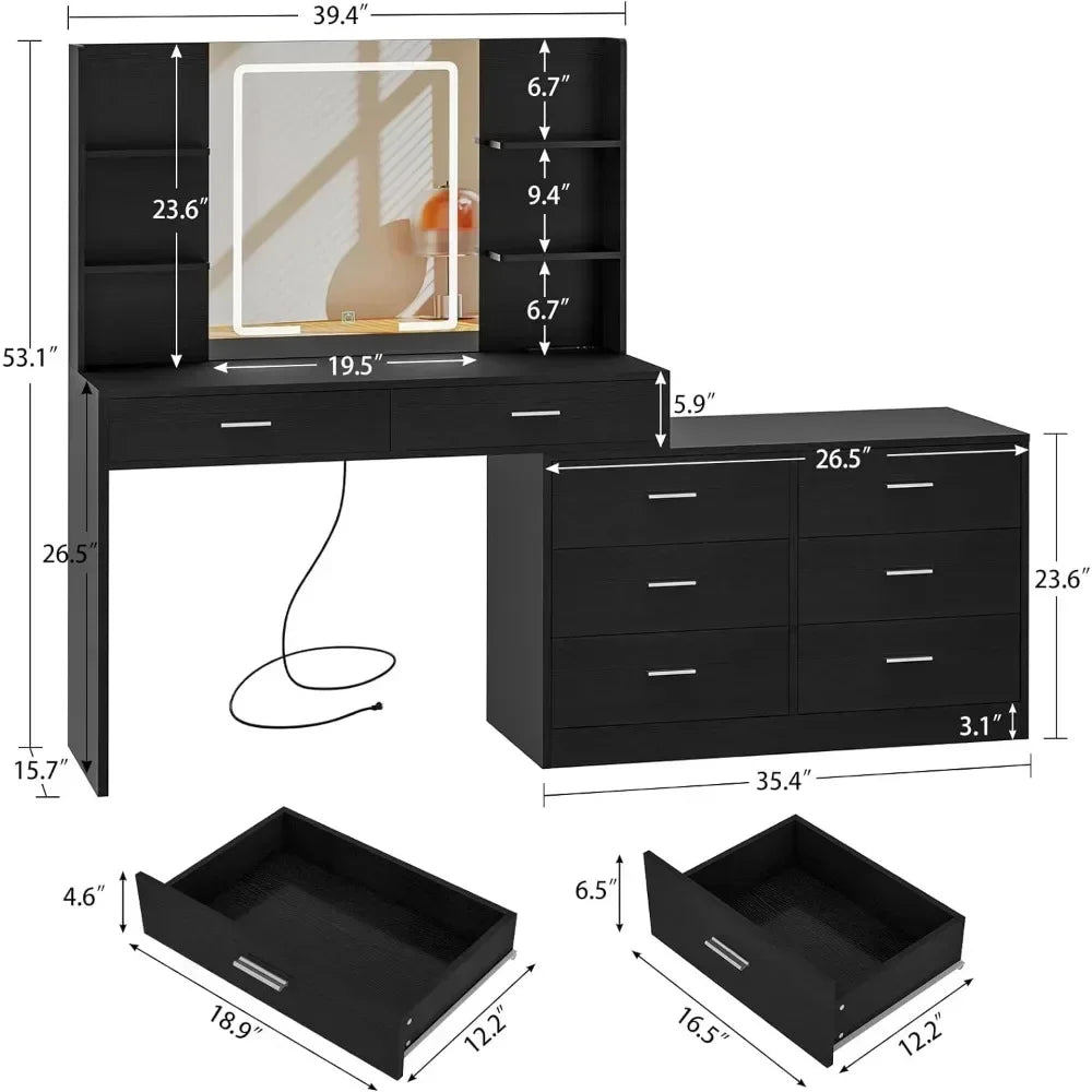 Makeup Vanity Table with 8 Drawers & Open Shelves, LED Lighted Mirror, Power Outlet