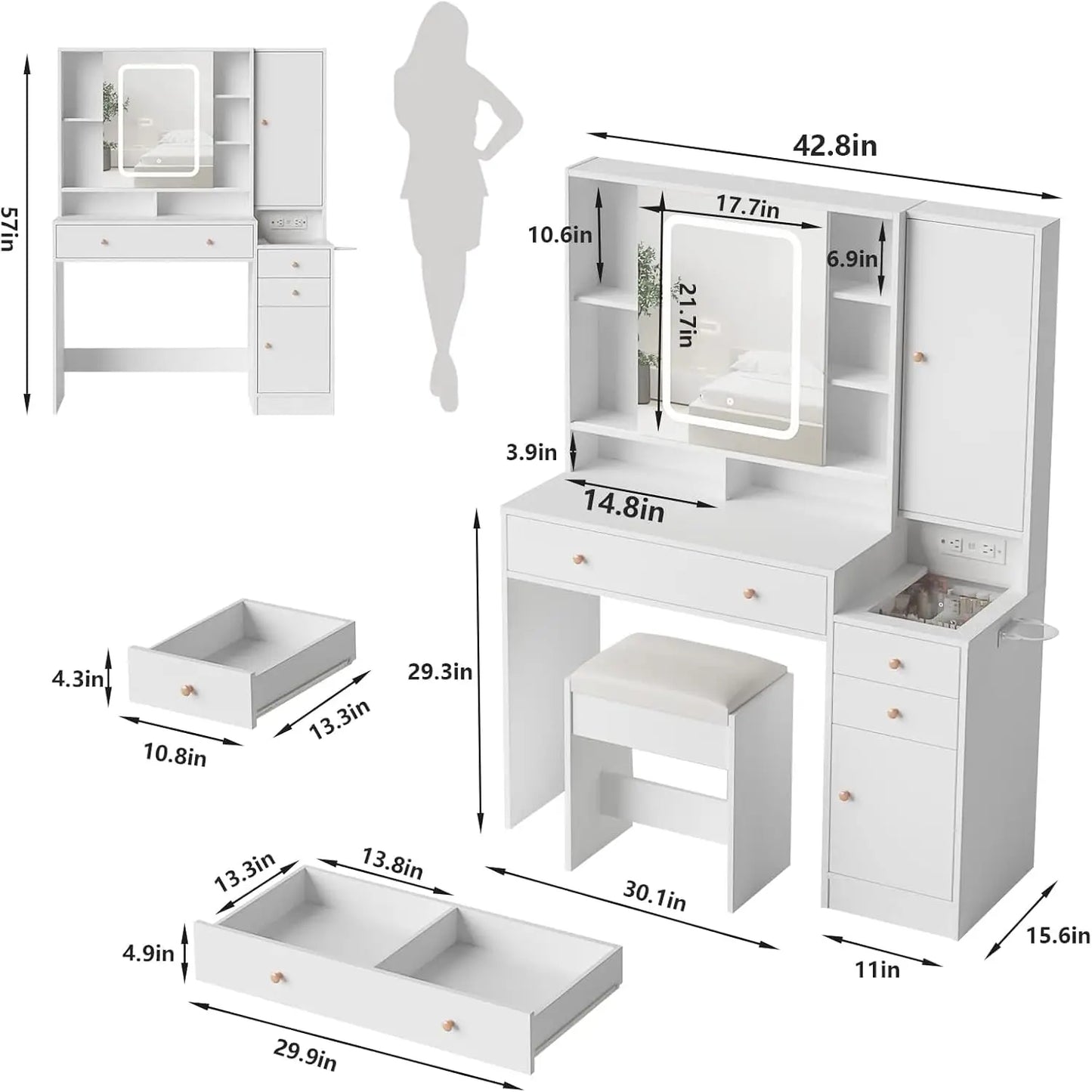 White, Vanity Table with Mirror and Lights 3 Drawers and Cabinets, Charging Station