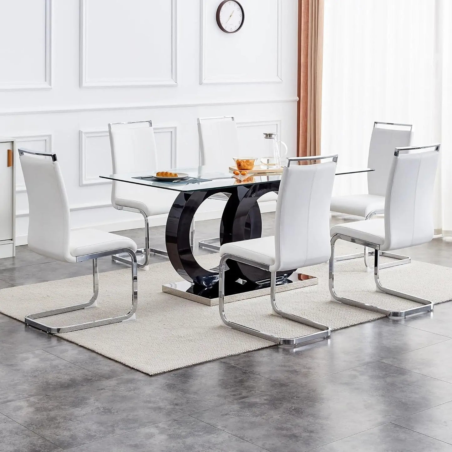 Glass Table Set for 6 ,7 Piece Set, Tempered Glass Top, PU Leather, Chairs ,Easy Assembly