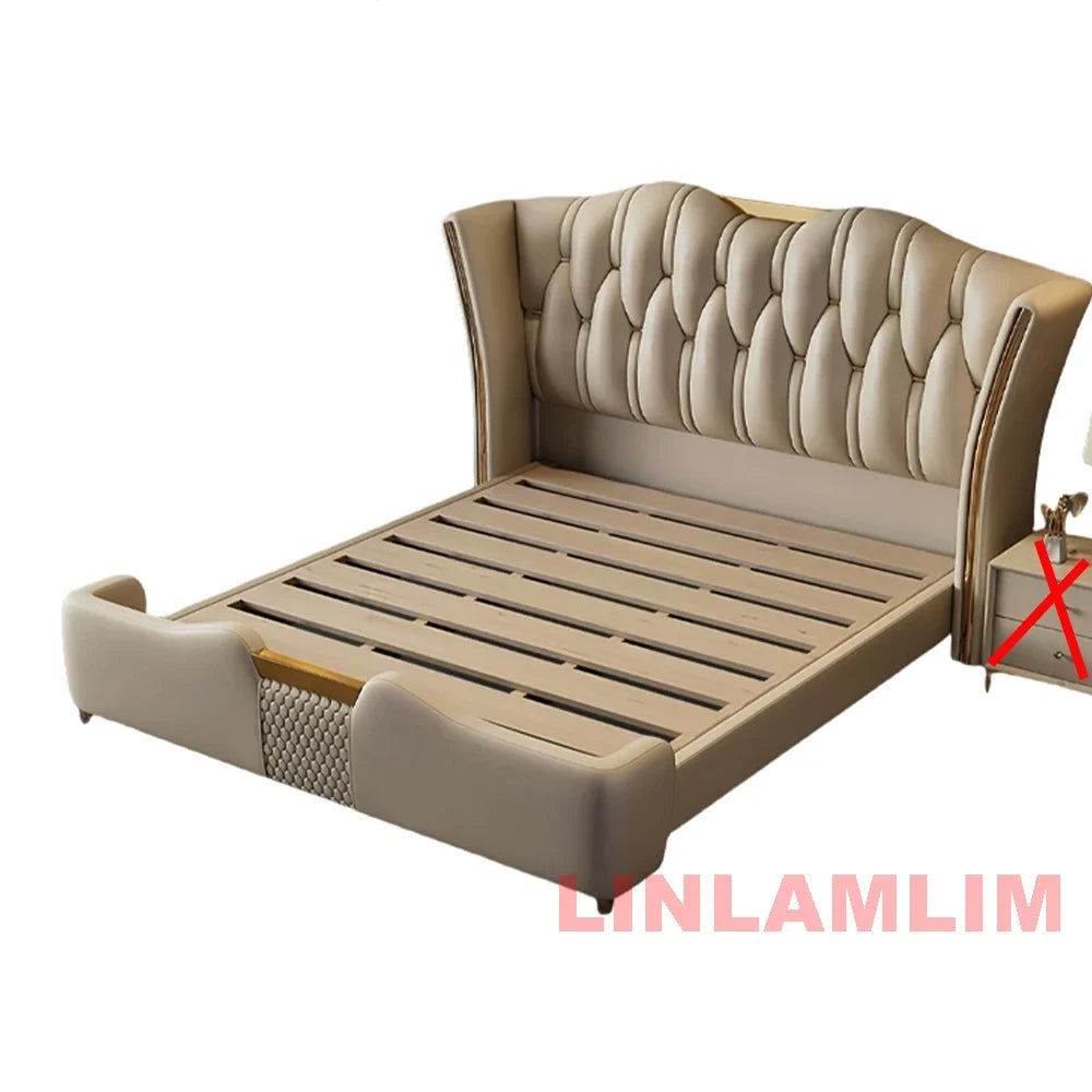 MINGDIBAO Luxury Modern Upholstered Bed Frame with Gold Accents, Genuine Leather Designer Queen/King Size Bed