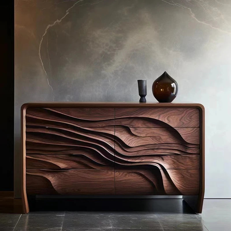 Nordic Retro Black Walnut Solid Wood Entrance Sideboard Cabinet Designer Model Creative Upscale