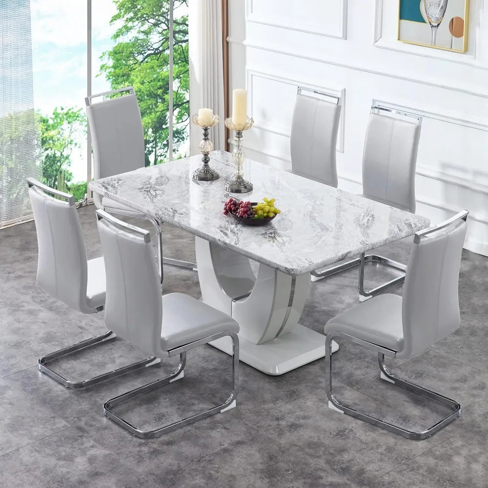 Morden Faux Marble Table Set for 6-8 with MDF Base,7 Piece Rectangle Set