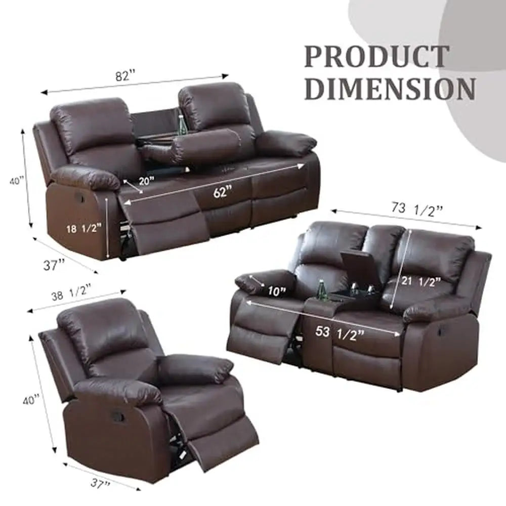 3-Piece Leather Recliner Sofa Set Manual Reclining Couch and Loveseat with Cup Holders Easy Assembly