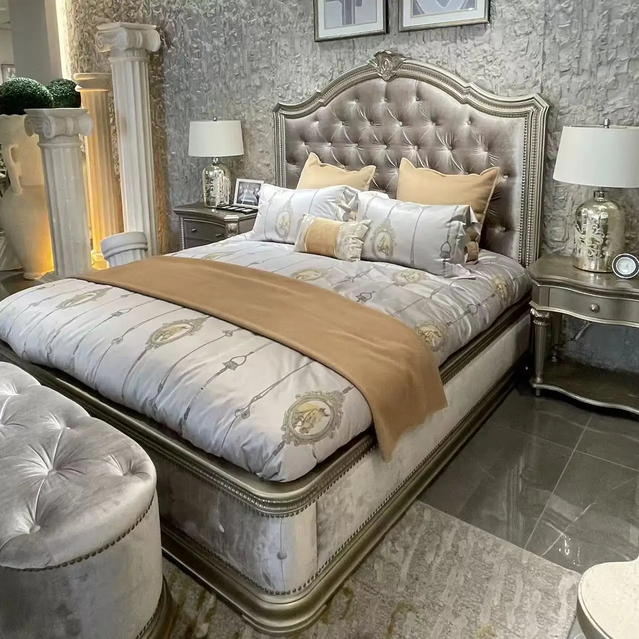 Modern Design Luxury Queen Size bed frame, Space Saving Shelves