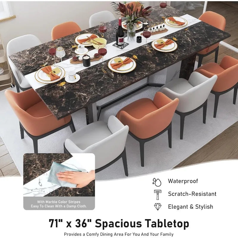 White Table Large for 8 People w Rectangular Marble-Color Wood Waterproof Tabletop