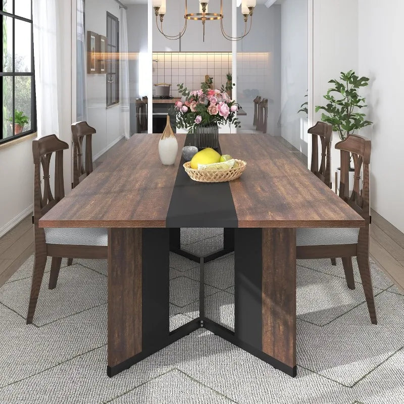 White Table Large for 8 People w Rectangular Marble-Color Wood Waterproof Tabletop
