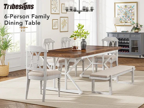 Rectangular Wood Table, Rustic with Heavy Duty Metal Legs for 6 people