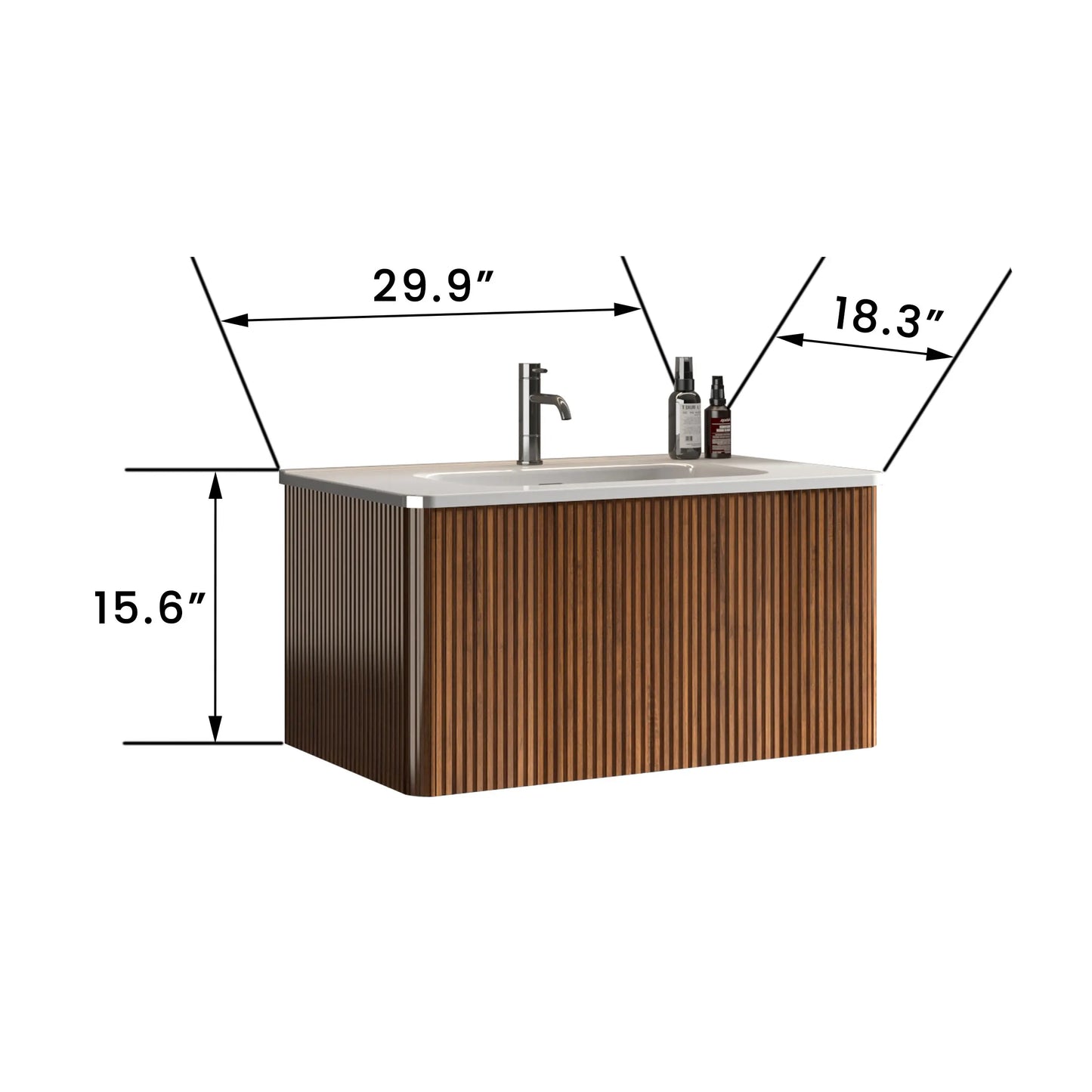 Striped Walnut Wall mounted floating vanity with white ceramic sink