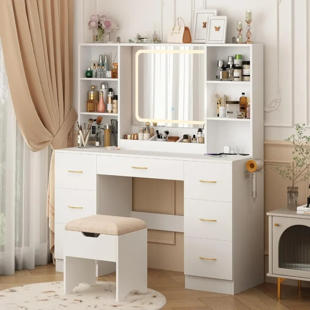 LED Vanity Set, Stool and Power Outlet