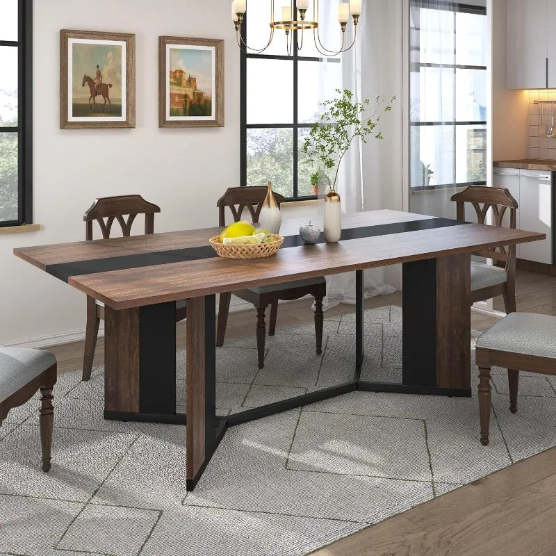 White Table Large for 8 People w Rectangular Marble-Color Wood Waterproof Tabletop