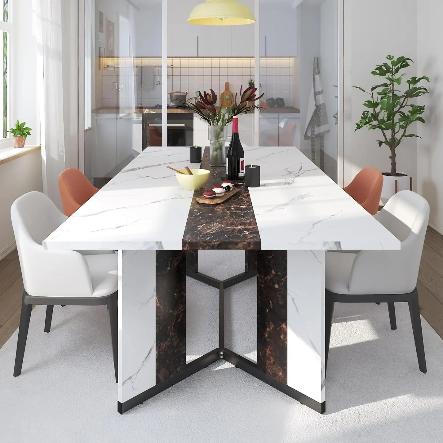 White Table Large for 8 People w Rectangular Marble-Color Wood Waterproof Tabletop
