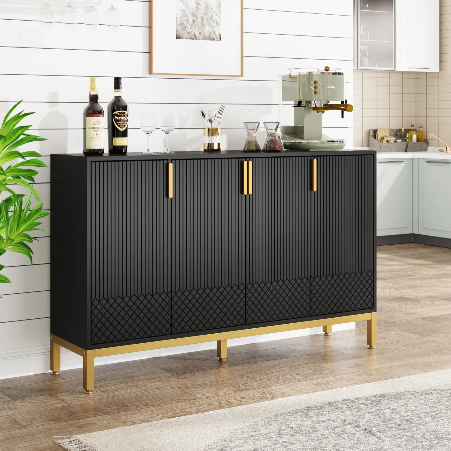 Tribesigns Modern Storage Console Cabinet Sideboard Buffet Cabinet with 4 Doors & Gold Metal Base