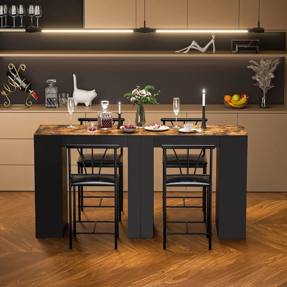 Small Bar, Breakfast Corner with Stools, Set for 2 Storage Shelves, Save Space