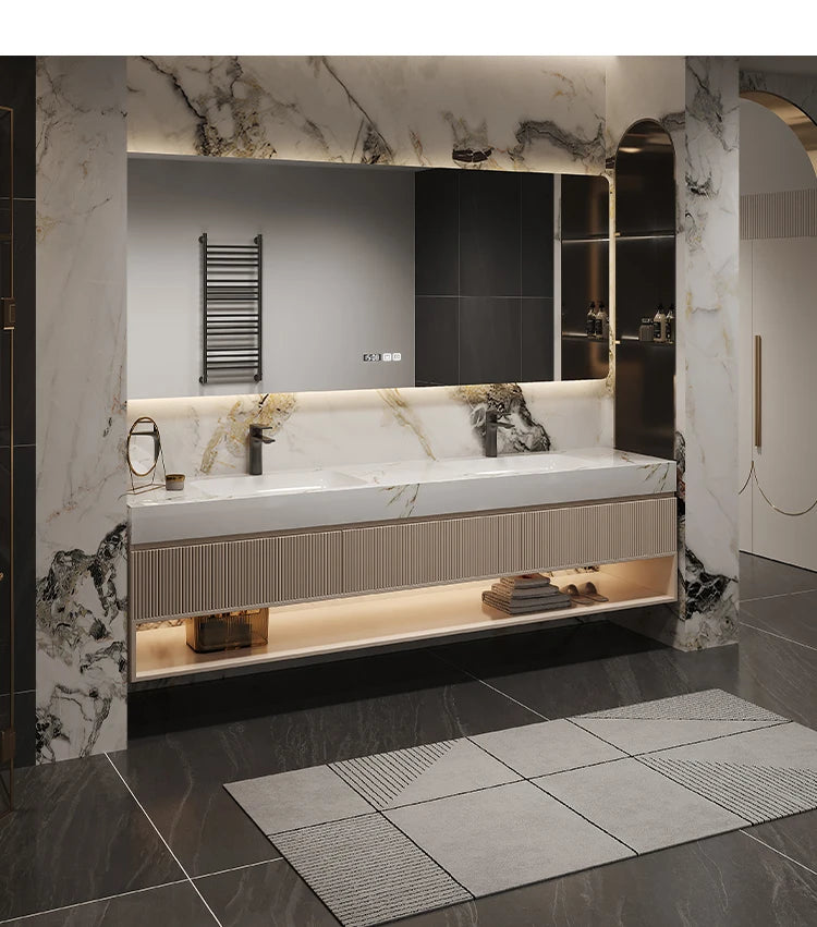 French Light Luxury Rock Slab Seamless Double Basin Cabinet Combination Solid Wood Washbasin Cabinet