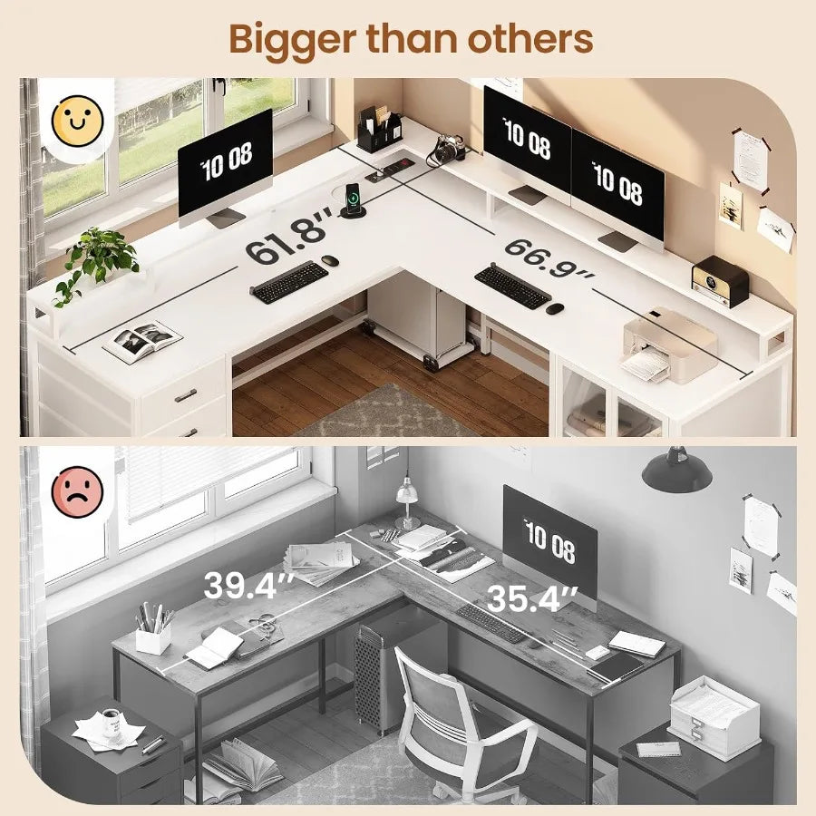 L Shaped Gaming Desk with 4 Drawers . Computer Desk with Display Cabinet Office Desks with 2 Monitor Stands CPU Stand LE