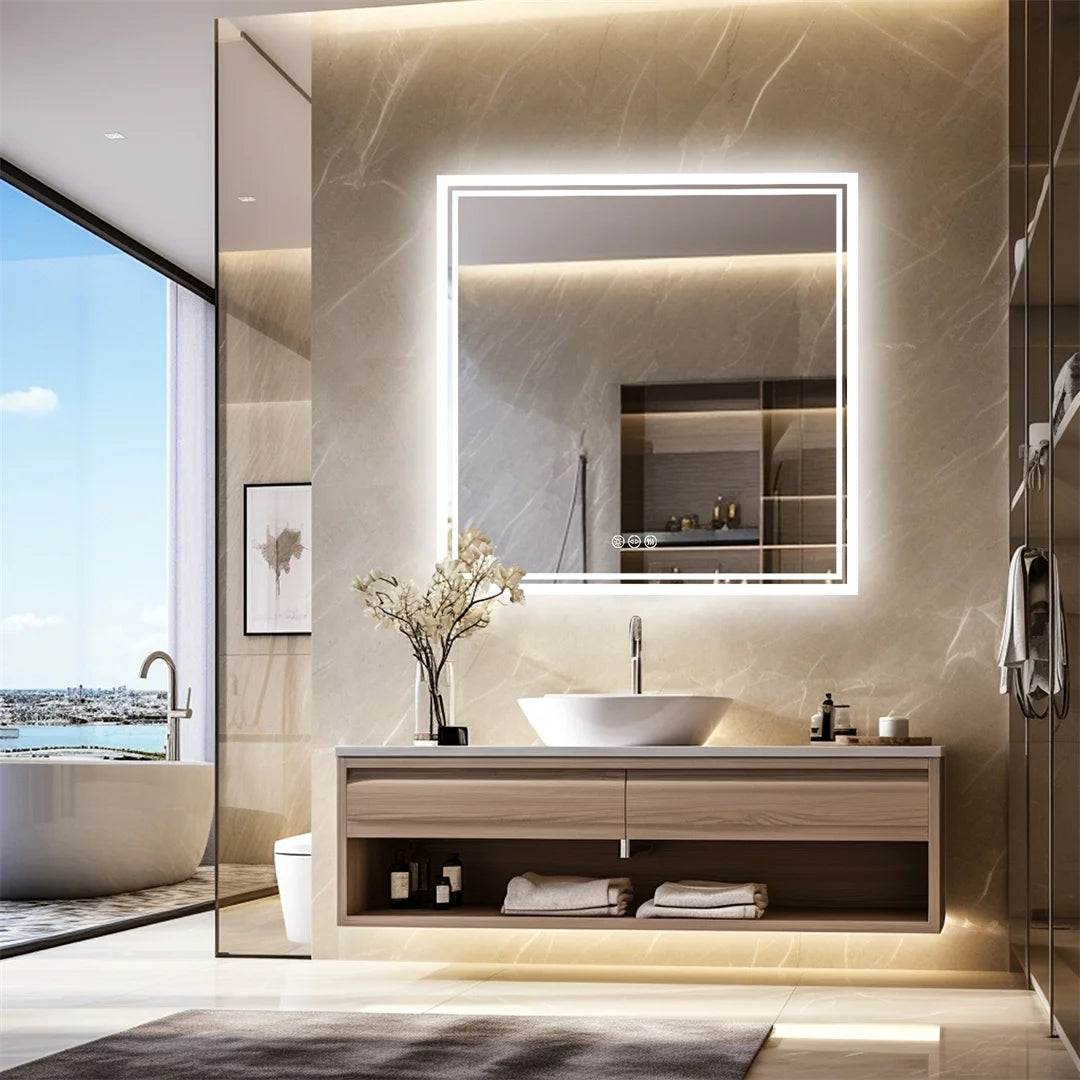 Wall Mounted Mirror Square LED Lighted Toilet , Washroom Sink , Dimming Defog Mirror for Shower , Shaving , Makeup