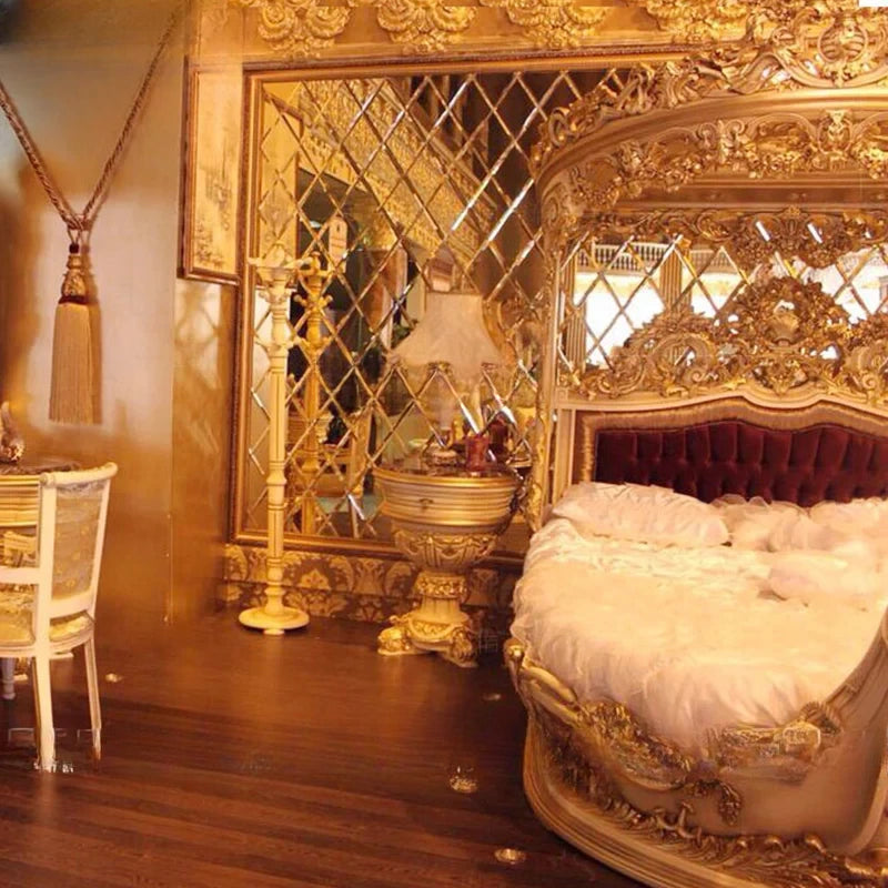 Princess Villa European Style Wood Carved Double Bed, Boat Style, French Fabric