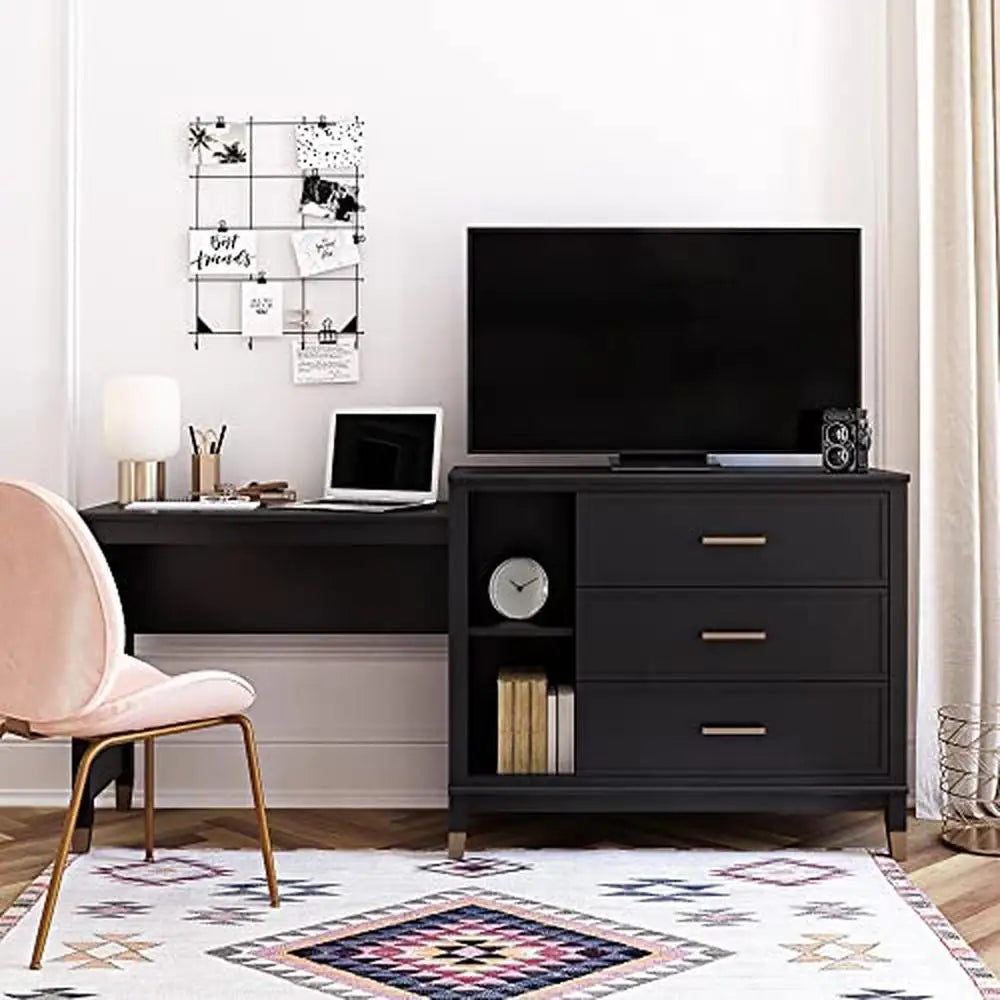 3-in-1 Media Dresser Black Gold Accents , Drawers