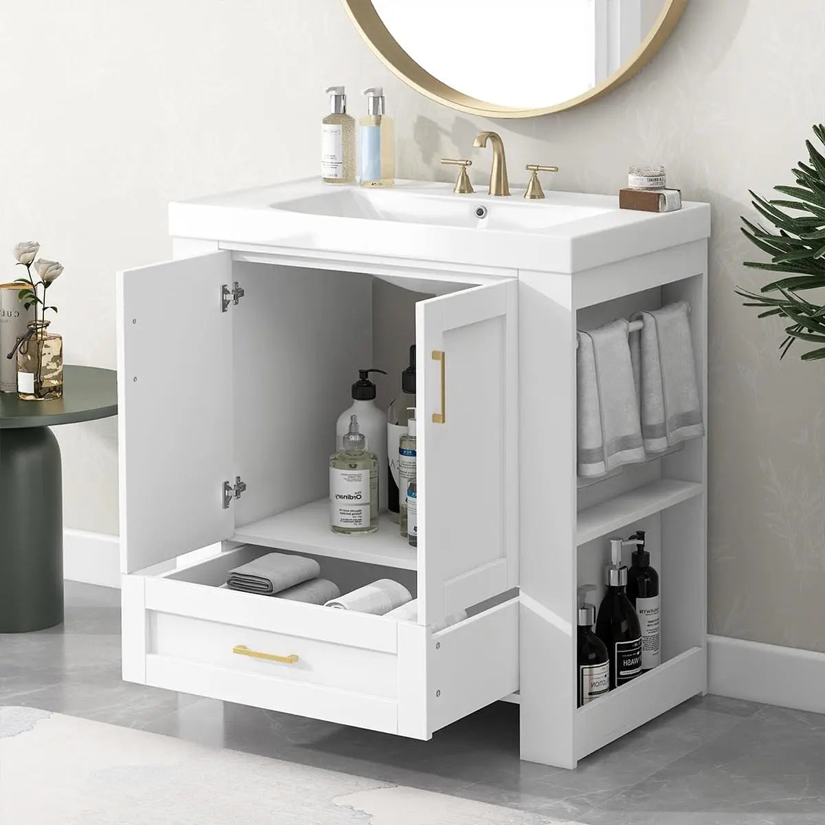Wood storage cabinet with drawer Side S, freestanding single vanity with sink