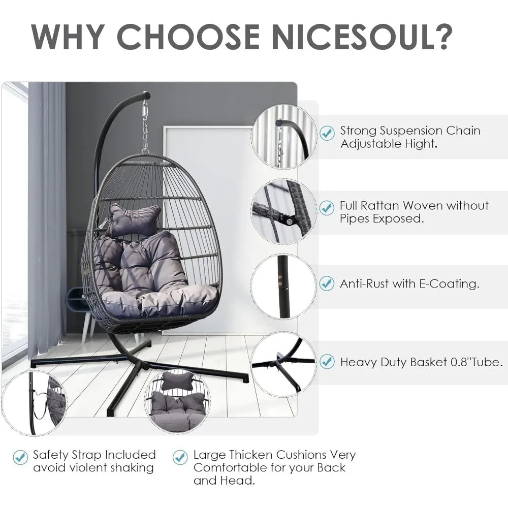 Egg Chair Wicker Hanging Swing Basket with Resistant Cushions