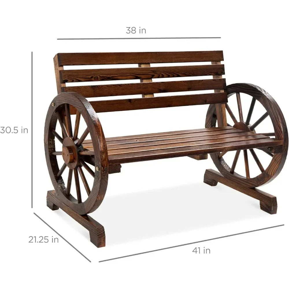 Wooden Wagon Wheel Bench Furniture W/Rustic Country Design, Brown Patio Benches