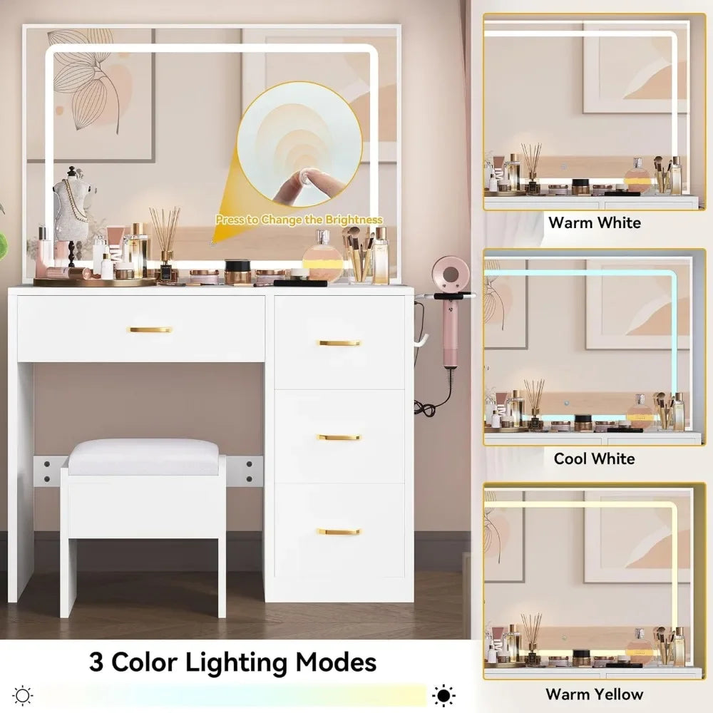 Vanity Desk 4 Drawer, Lighted mirror, power outlet, LED Strip cushioned stool