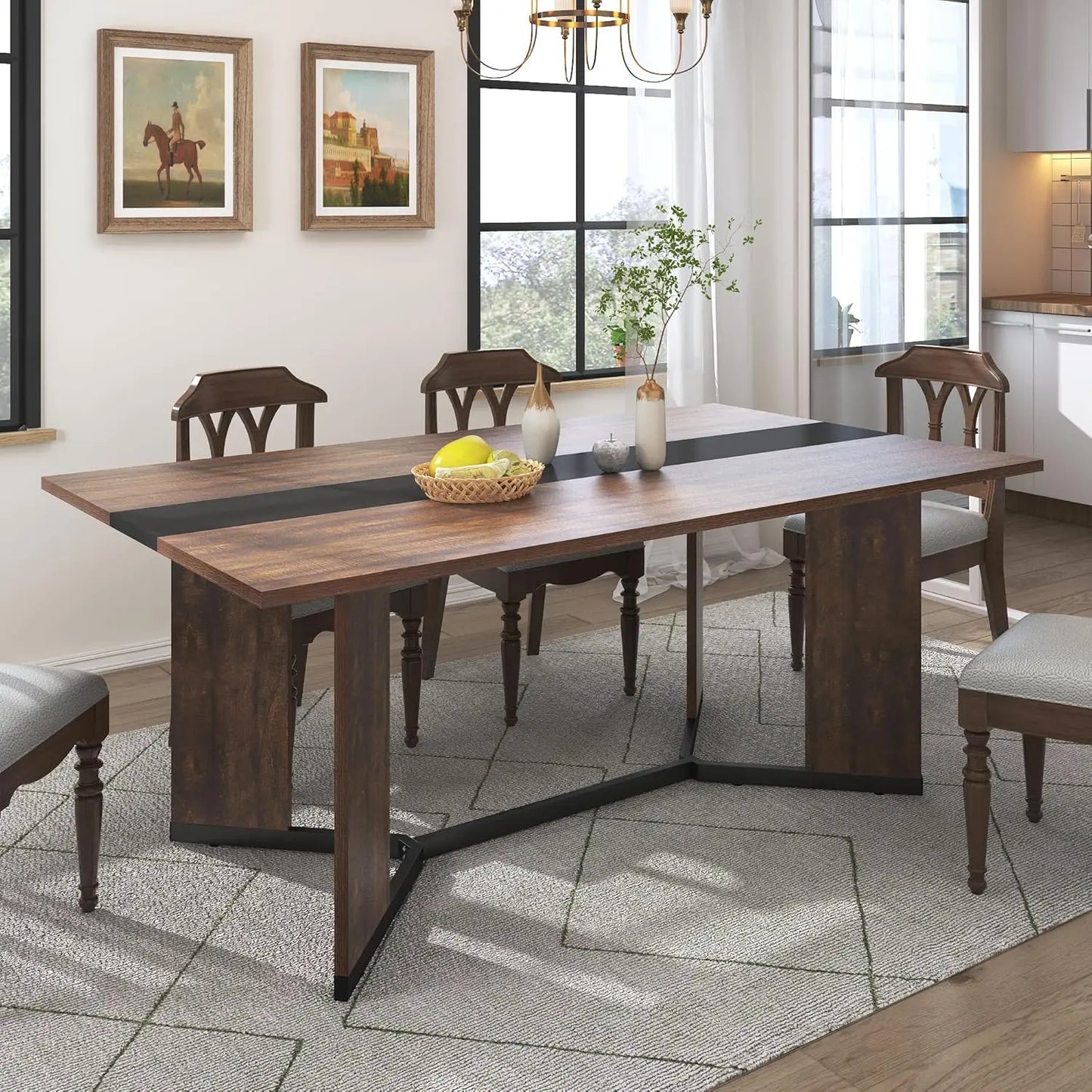 White Table Large for 8 People w Rectangular Marble-Color Wood Waterproof Tabletop