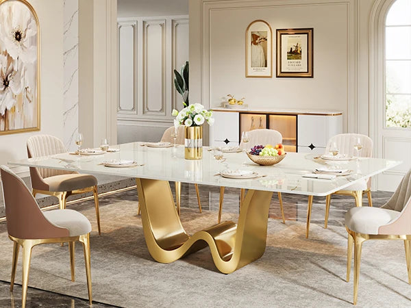 Tribesigns Sintered Stone Table for 6-8, Modern Rectangle Luxury White & Gold Dining