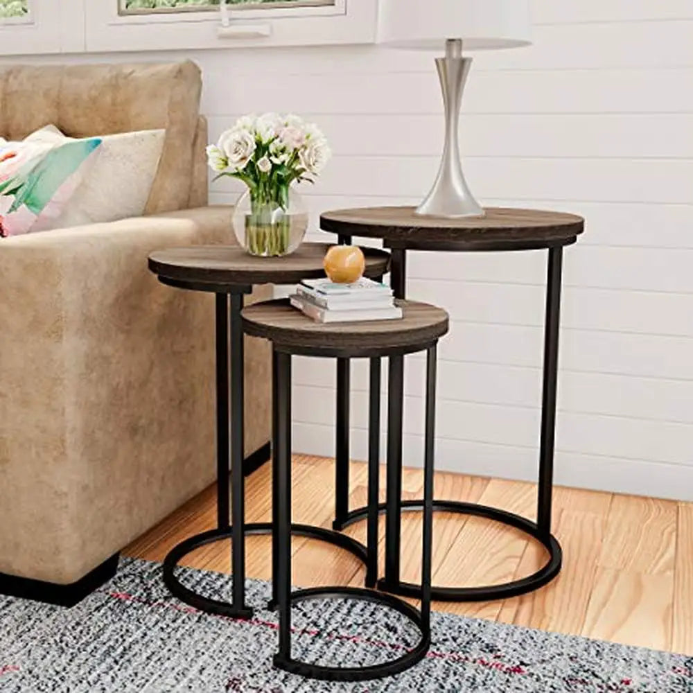 3-Piece Nesting Round End Tables Gray-Brown Woodgrain-Look Metal Base