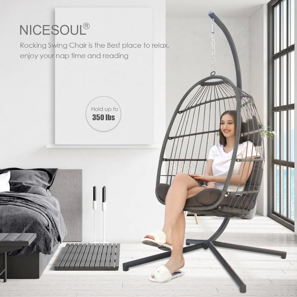 Egg Chair Wicker Hanging Swing Basket with Resistant Cushions
