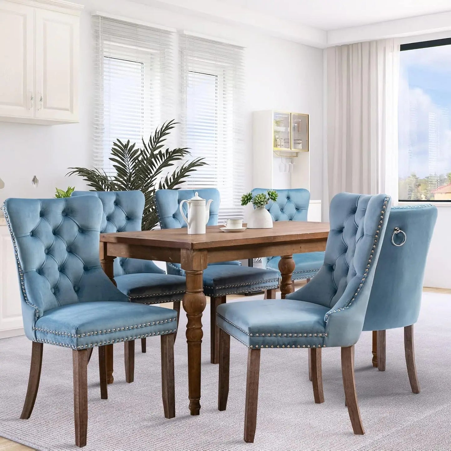 Velvet Chairs Set of 6, Modern Upholstered High-end Tufted with Button Back Ring