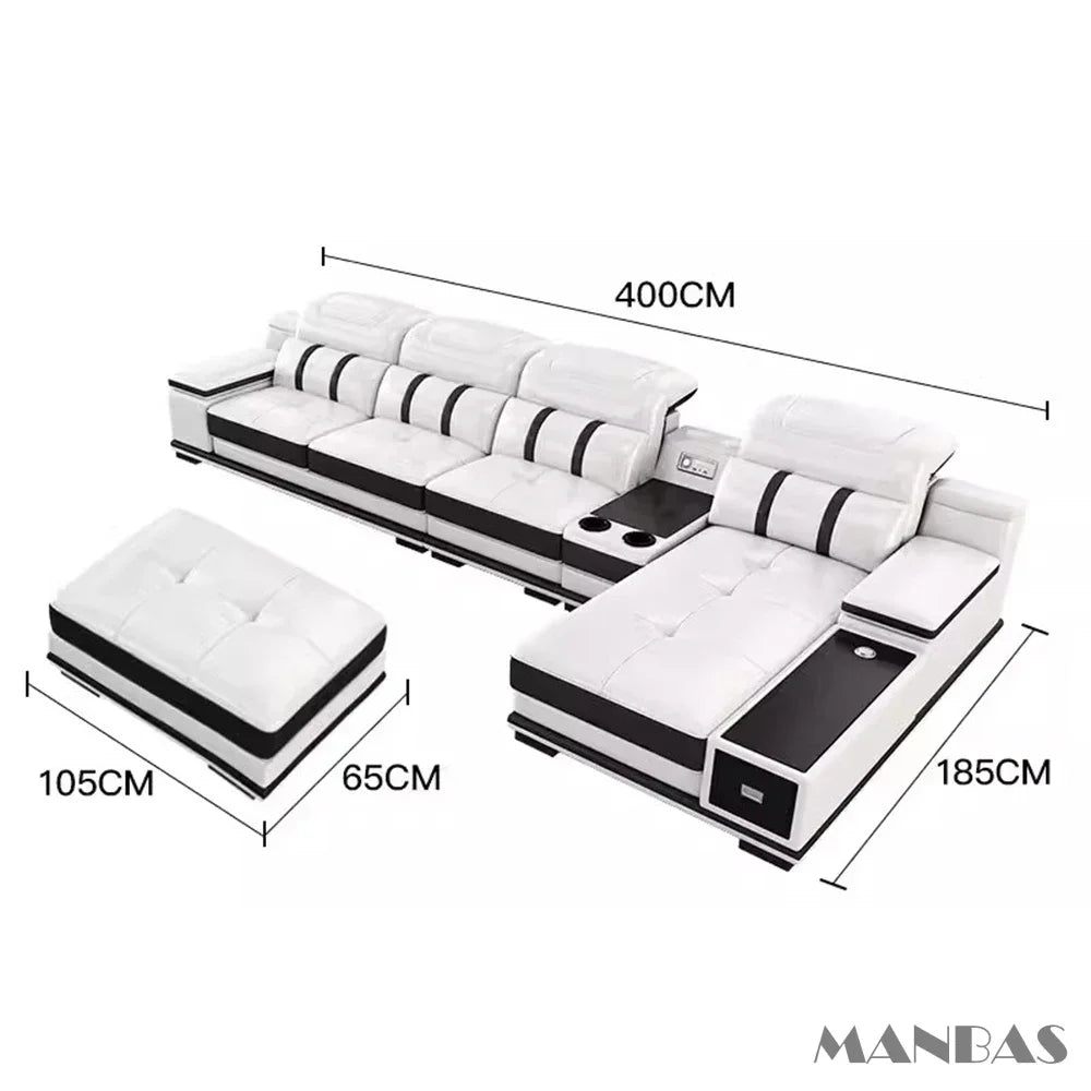 Modern Genuine Leather Sofa - Stylish Italian with Bluetooth Speaker, USB & Adjustable Headrests