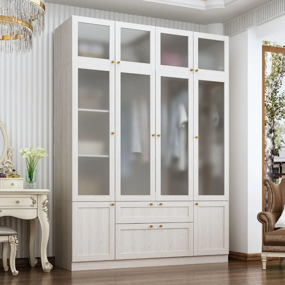 Wardrobe is large,equipped with 4 acrylic doors and 2 drawers, and hanging bars