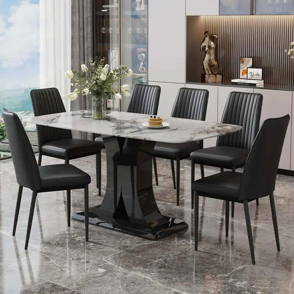 ,White Marble Pattern Table with 6 Chairs, 6 Piece Set