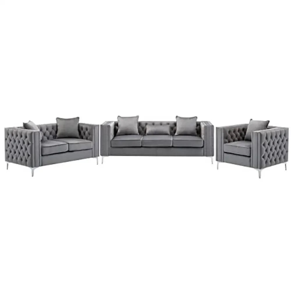 Sofa Loveseat and chair set, Gray velvet fabric, Nailhead trim, chrome metal legs, foam seats, 6 throw pillows
Sofa Loveseat and Chair Set, Gray velvet fabric, nailhead trim, chr