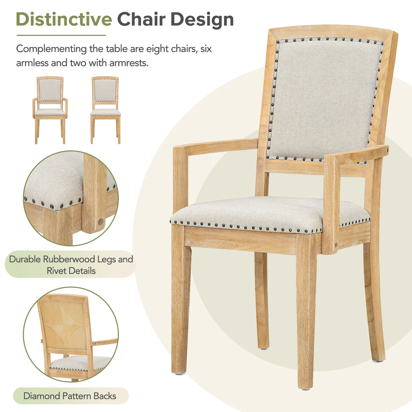 TOPMAX Rustic Extendable Table Set with Removable Leaf , 6 Upholstered Armless Chairs