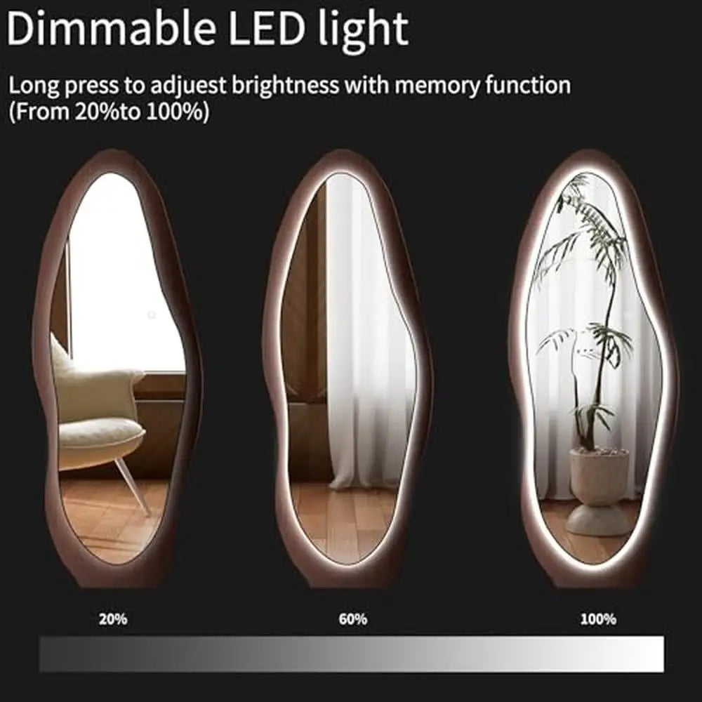 Full Length Wood Mirror with LED Lights Wall Mounted Hanging Wavy Design Shatterproof HD Easy glass