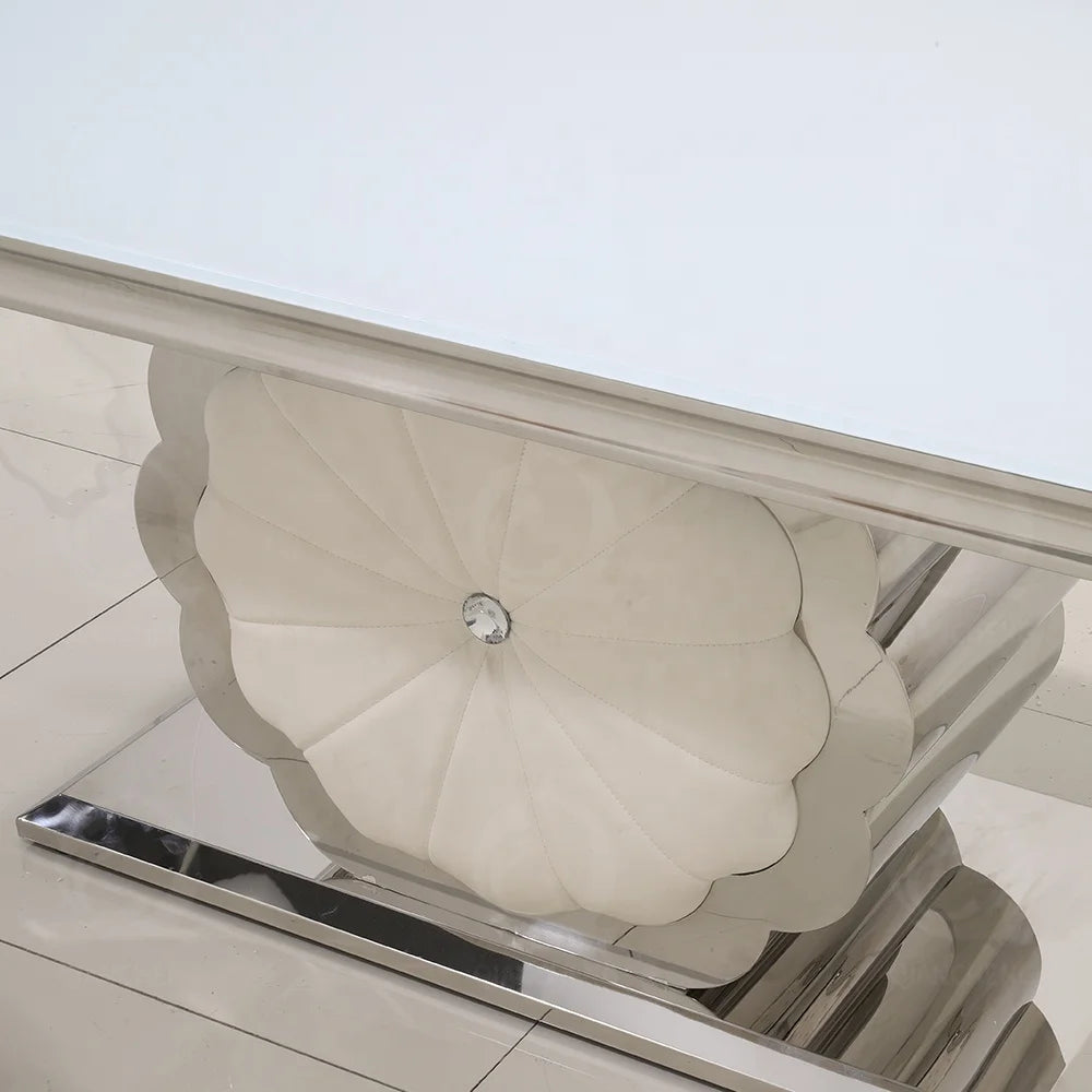 Modern flower stainless steel table set with 8 chairs white gloss glass