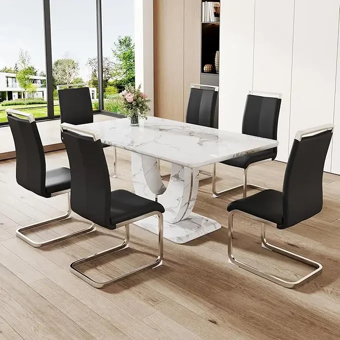 Modern Faux Marble Table Set, for 6-8 with MDF Base,7 Piece Rectangle Set