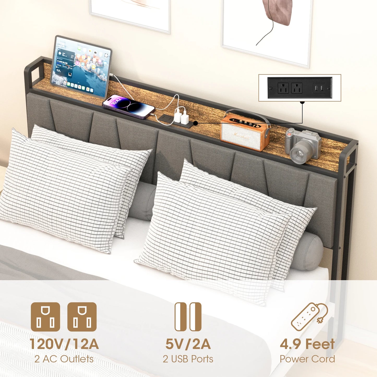 Queen Size Bed Frame, Storage Headboard ,Charging Station, Retro Design