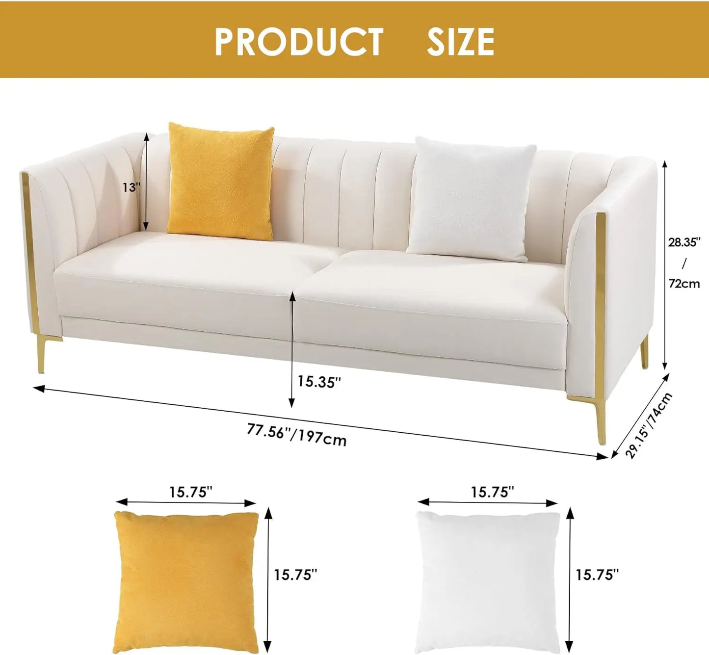 Sofa 3 Seater 2 Throw Pillows and Gold Metal Legs, (Cream White)Free shipping