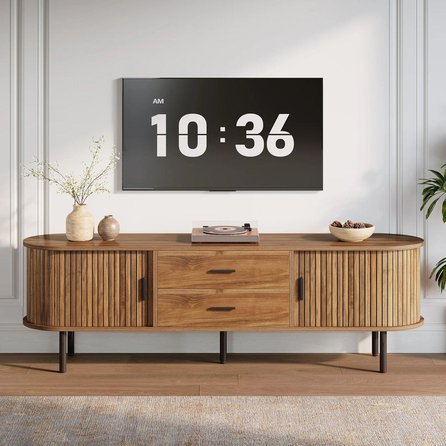 Tribesigns Mid-Century Modern TV Stand with Sliding Tambour Door, Drawers and Adjustable Shelves, Long Fluted